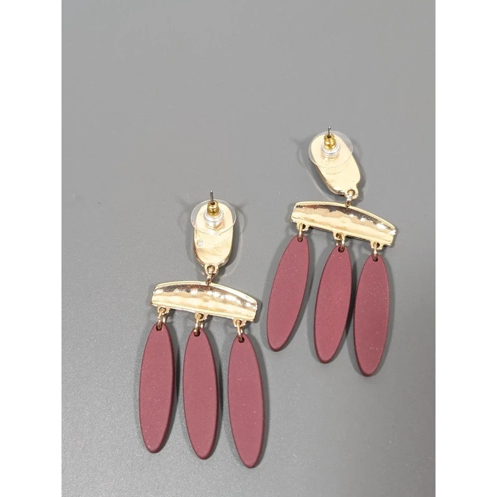 Boho Red‎ Brown Gold Tone Chandelier Dangle Tribal Earrings Statement